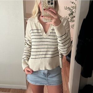 The Limited Cream and Black Striped V-Neck Sweater